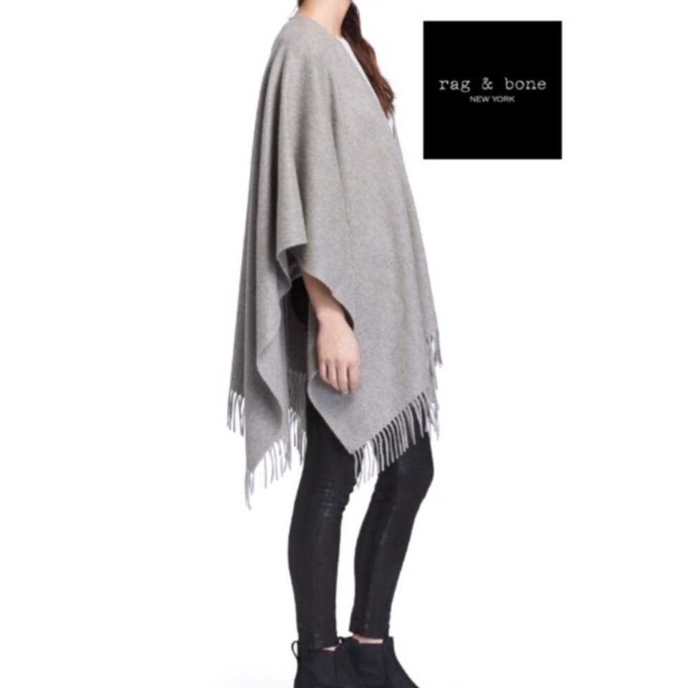 rag & bone Italian Cashmere Poncho Fringe-Trim GREY shawl GRAY CASHMERE wrap